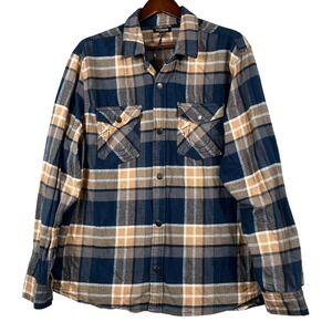 True Religion 3XL Plaid Flannel Shacket Graphic Back Navy Tan Heavy Button Up